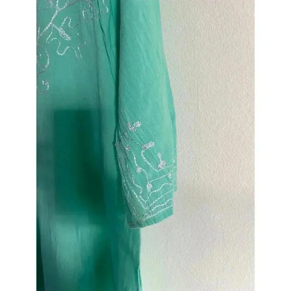 Beach by Exist Mint Green Embroidered Floral Boho Summer Tunic Top Cotton Size L - Picture 3 of 5